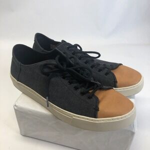 TOMS Men's Navy Canvas Carlson Sneaker Tan Leather‎ Toe Cap Size 10.5